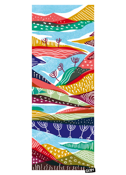Landscape 2 by Gert Paenen, colourful abstract landscape art print featuring layered hills, stylised trees, flowing shapes and vibrant graphic patterns in blue, red, green, yellow and purple tones, contemporary wall art for modern interiors.
