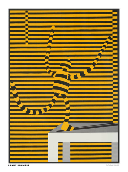 Natural Forces by Lanny Sommese, vertical optical art poster featuring a dynamic striped figure in yellow and black against horizontal lines, with a grey geometric platform. Bold graphic wall art for modern interiors.