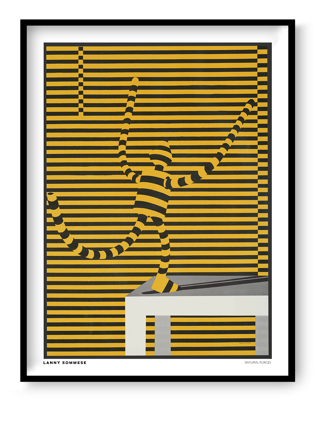 Natural Forces by Lanny Sommese, vertical optical art poster featuring a dynamic striped figure in yellow and black against horizontal lines, with a grey geometric platform. Bold graphic wall art for modern interiors.