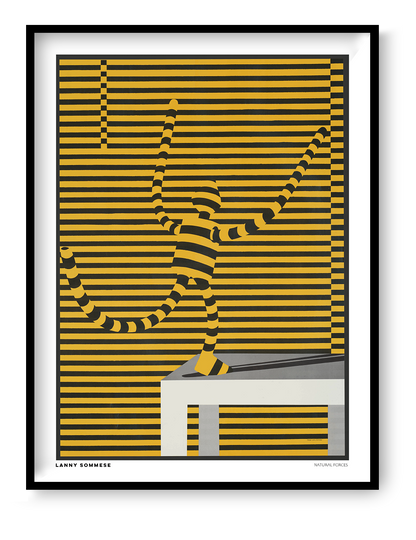 Natural Forces by Lanny Sommese, vertical optical art poster featuring a dynamic striped figure in yellow and black against horizontal lines, with a grey geometric platform. Bold graphic wall art for modern interiors.