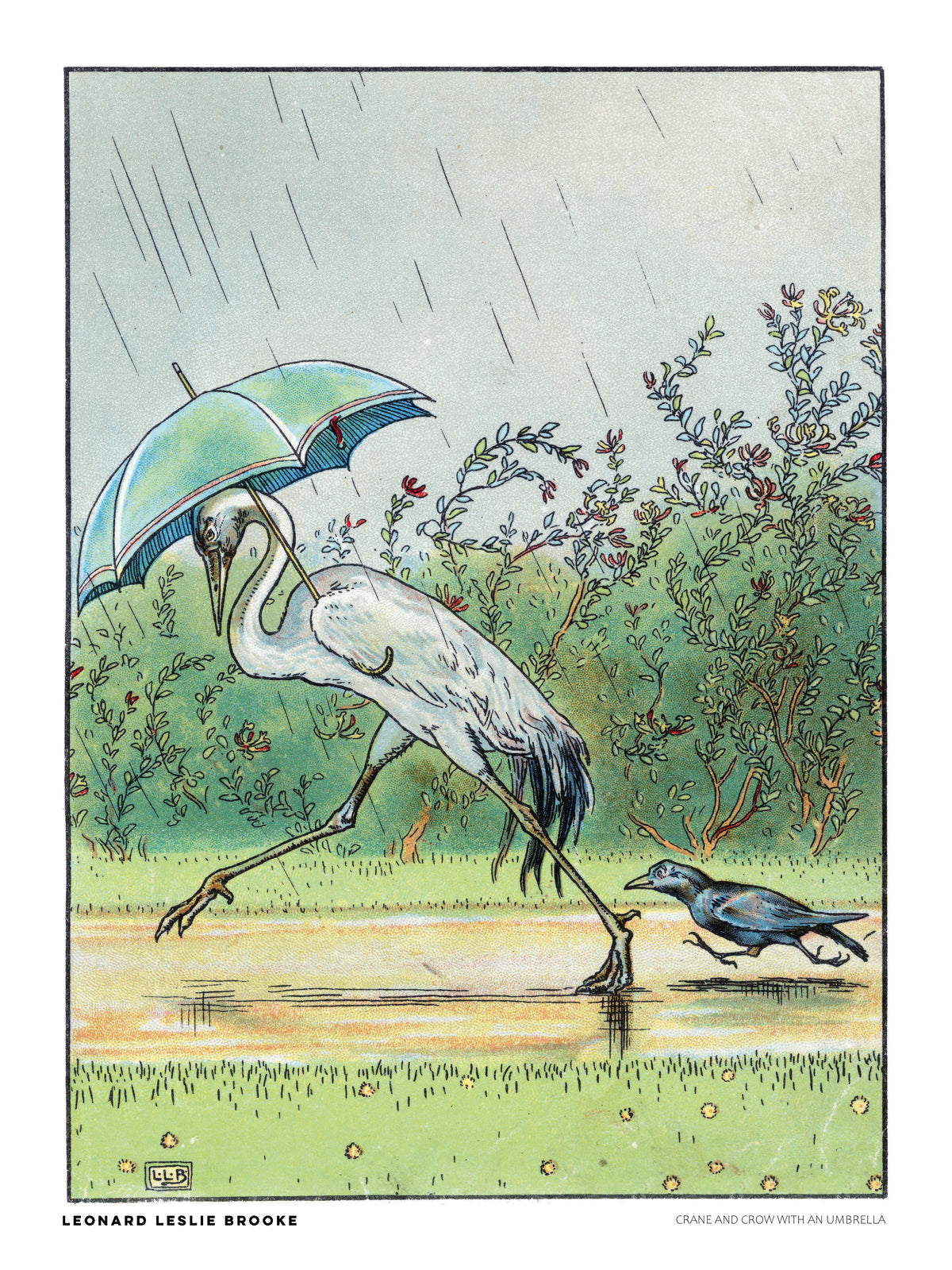 Vintage storybook illustration by Leonard Leslie Brooke of a white crane walking under a blue-green umbrella with a black crow in the rain. Soft green, blue and yellow tones. Vertical digital art print for whimsical wall decor.
