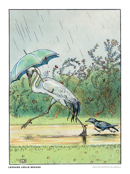 Vintage storybook illustration by Leonard Leslie Brooke of a white crane walking under a blue-green umbrella with a black crow in the rain. Soft green, blue and yellow tones. Vertical digital art print for whimsical wall decor.