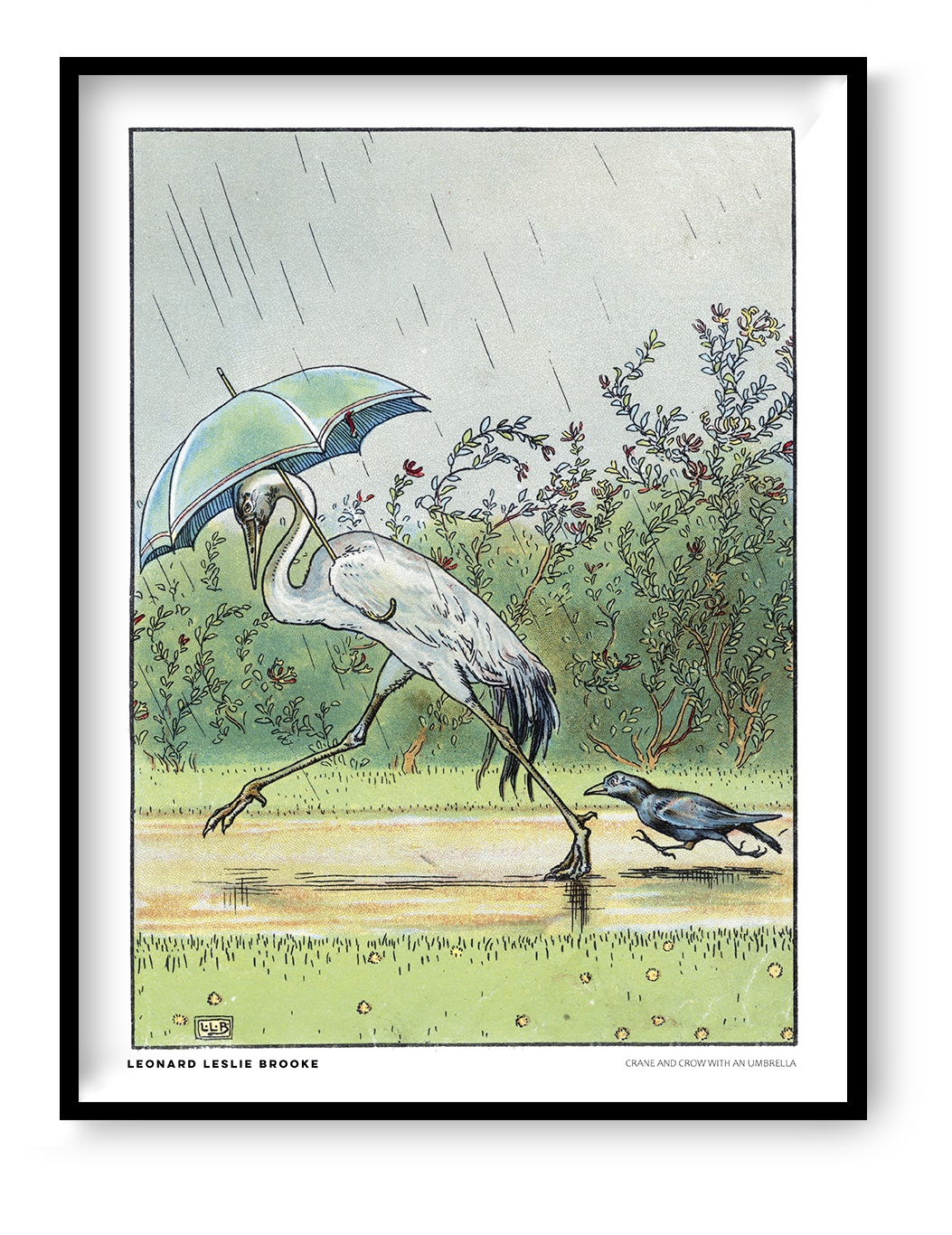 Vintage storybook illustration by Leonard Leslie Brooke of a white crane walking under a blue-green umbrella with a black crow in the rain. Soft green, blue and yellow tones. Vertical digital art print for whimsical wall decor.