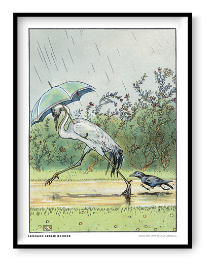 Vintage storybook illustration by Leonard Leslie Brooke of a white crane walking under a blue-green umbrella with a black crow in the rain. Soft green, blue and yellow tones. Vertical digital art print for whimsical wall decor.