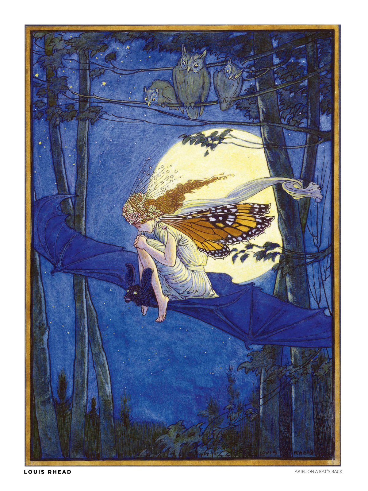 Vertical fantasy illustration by Louis Rhead showing a winged fairy riding a bat beneath a glowing full moon, with three owls in a deep blue forest. Vintage storybook art in blue, gold and yellow, reproduced as a decorative digital print.