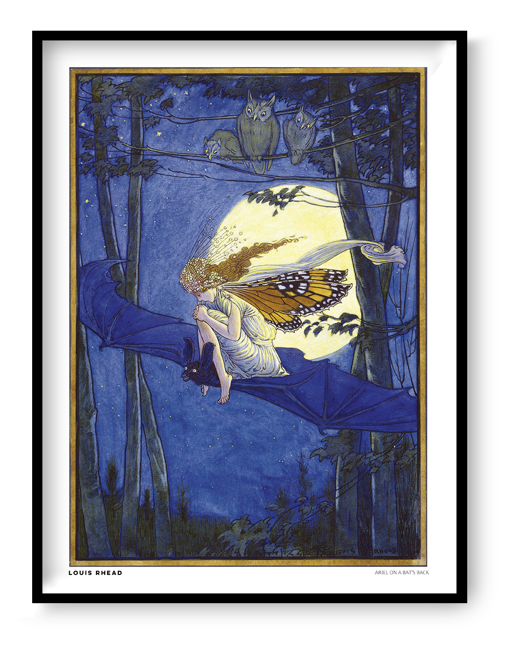 Vertical fantasy illustration by Louis Rhead showing a winged fairy riding a bat beneath a glowing full moon, with three owls in a deep blue forest. Vintage storybook art in blue, gold and yellow, reproduced as a decorative digital print.