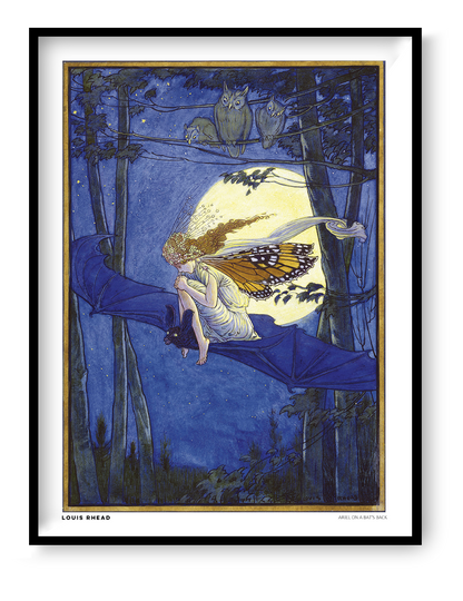 Vertical fantasy illustration by Louis Rhead showing a winged fairy riding a bat beneath a glowing full moon, with three owls in a deep blue forest. Vintage storybook art in blue, gold and yellow, reproduced as a decorative digital print.