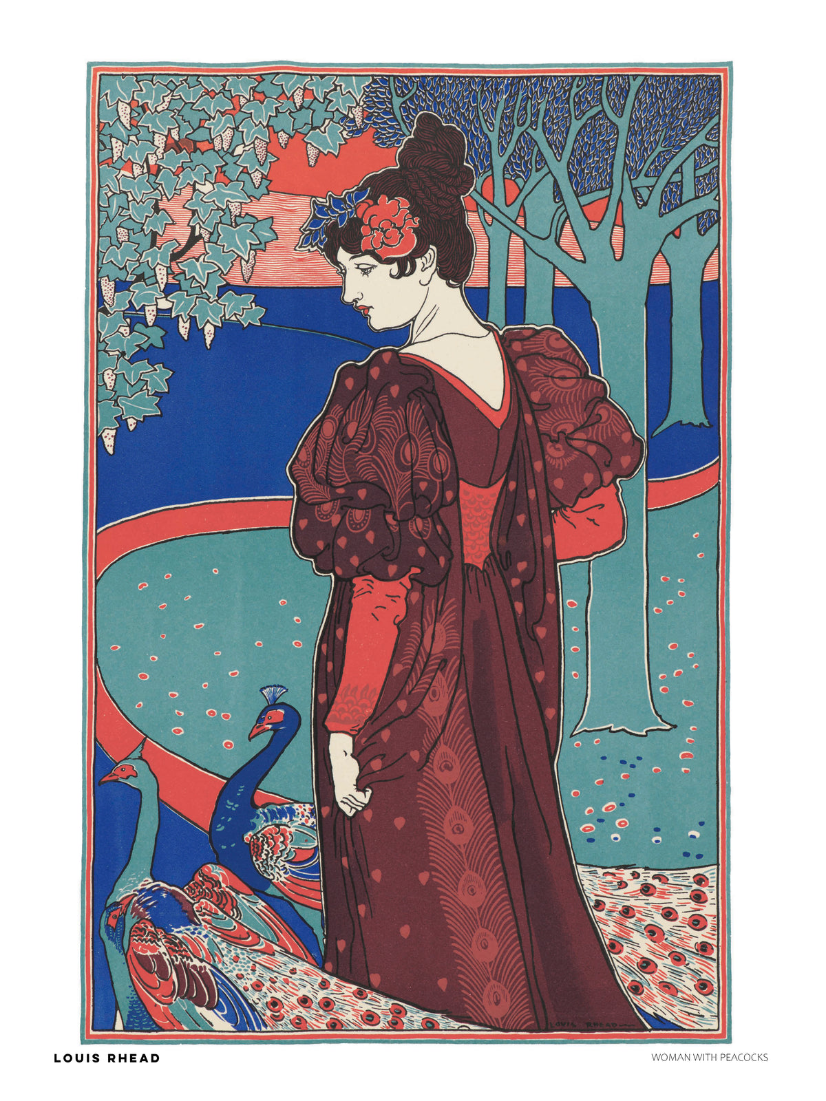 Woman with peacocks by Louis Rhead, vertical Art Nouveau digital print featuring a woman in a burgundy dress with blue peacocks, teal trees and coral details, ideal for decorative wall art.