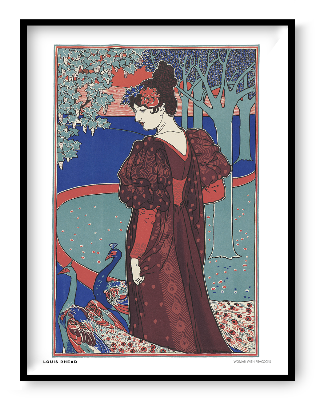 Woman with peacocks by Louis Rhead, vertical Art Nouveau digital print featuring a woman in a burgundy dress with blue peacocks, teal trees and coral details, ideal for decorative wall art.