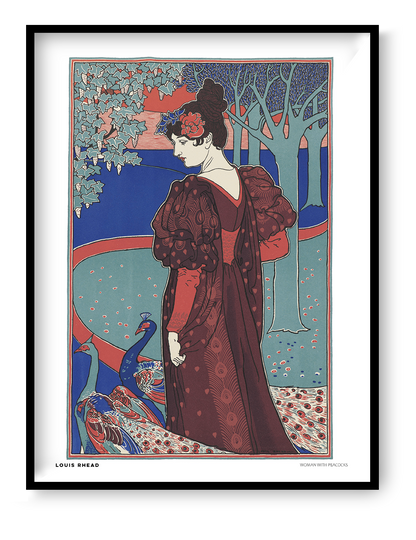 Woman with peacocks by Louis Rhead, vertical Art Nouveau digital print featuring a woman in a burgundy dress with blue peacocks, teal trees and coral details, ideal for decorative wall art.