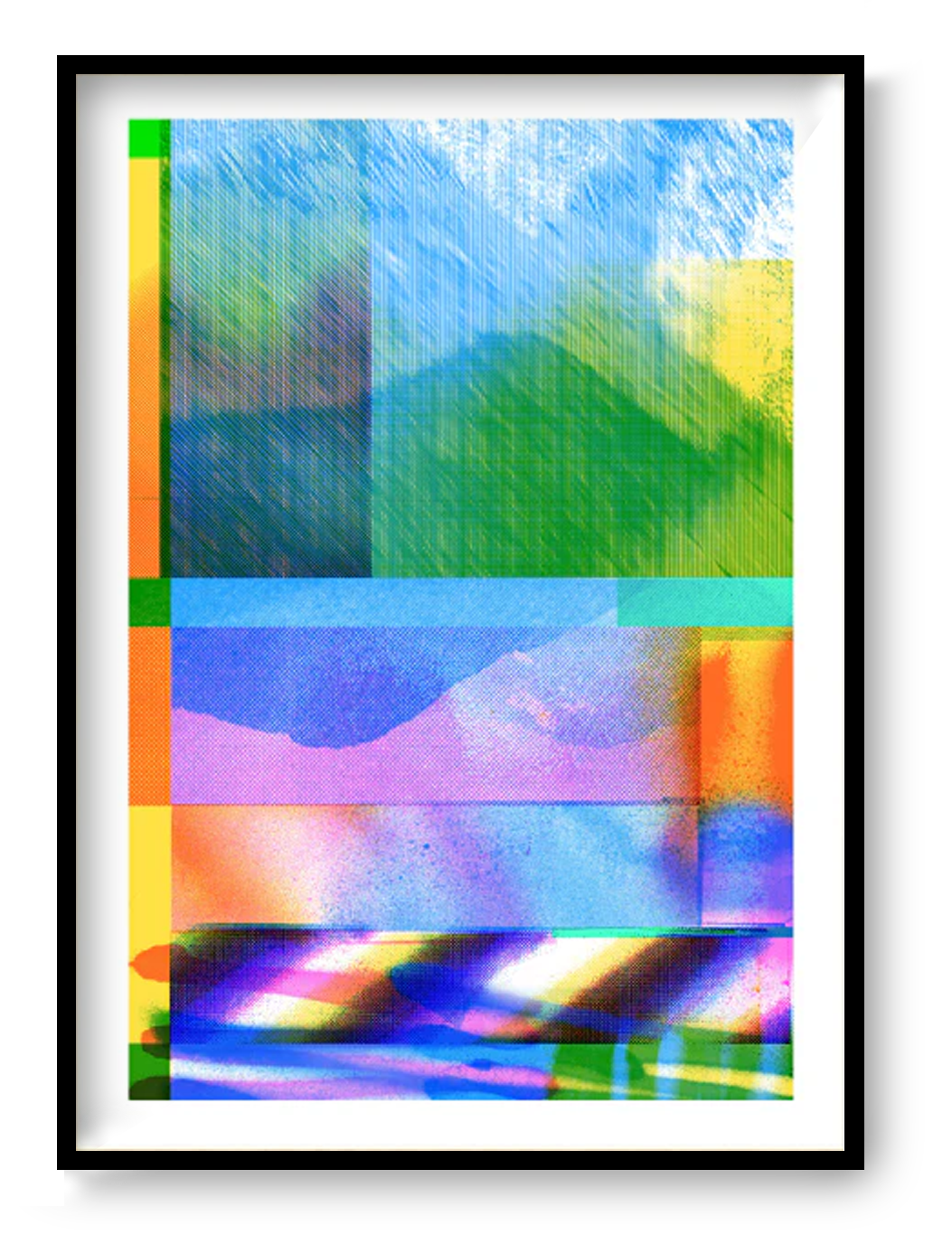 La Couleur du Reflet by Ben Coosmans – limited edition A3 risograph art print featuring layered abstract color gradients, vibrant textures and geometric blocks in blue, green, pink and yellow tones, modern contemporary wall art for design-focused interiors.