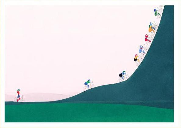 Four-color risograph art print La montée by Viola Amman showing colorful cyclists climbing a steep green hill against a pale background. Minimalist, playful wall art full of motion and optimism, ideal for cycling lovers and modern interiors.