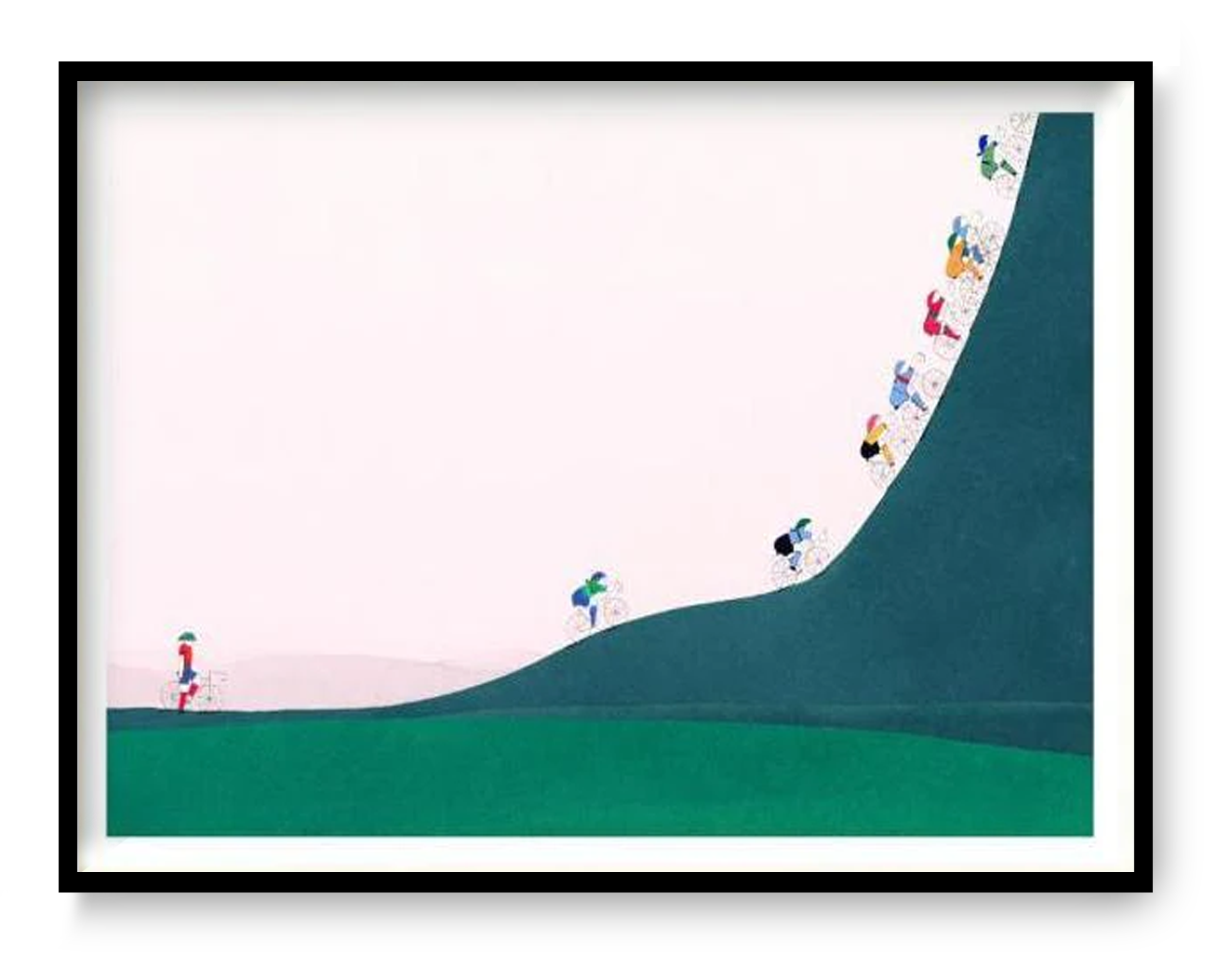 La montée risograph art print by Viola Amman, A3 4-color risograph showing cyclists climbing a steep hill, minimalist playful wall art for modern interiors.