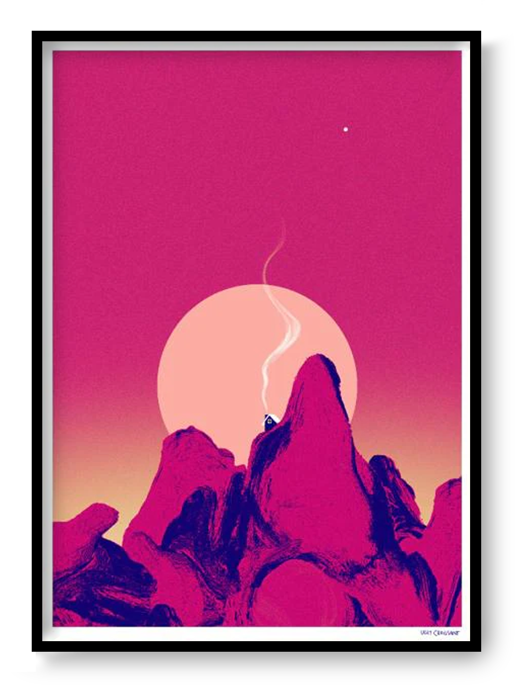 La nuit porte conseil A3 risograph print by Kathleen Wijns featuring magenta surreal landscape with glowing moon, contemporary limited edition wall art