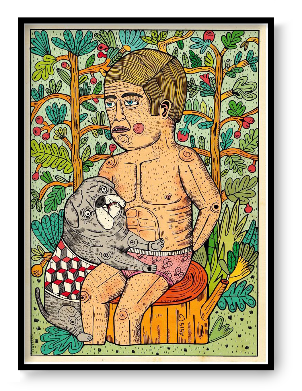 La perrita Canela A3 digital art print by Asis Percales featuring surreal tattoo-inspired illustration with bold lines, vibrant colors, and contemporary eclectic wall art style.