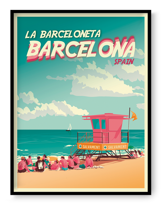Barcelona La Barceloneta travel poster by Studio Frits featuring beach scene with lifeguard tower, people relaxing on the sand, and Mediterranean sea in retro summer style