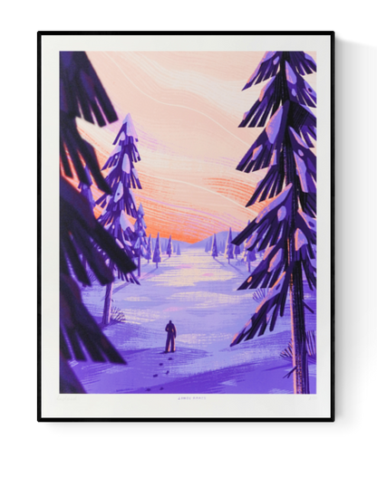 Art print titled Lapland by Belgian illustrator Linde Raats, featuring a snowy forest scene at sunset with purple and pink hues – 30 x 40 cm giclée print made in Belgium.
