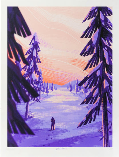 Art print titled Lapland by Belgian illustrator Linde Raats, featuring a snowy forest scene at sunset with purple and pink hues – 30 x 40 cm giclée print made in Belgium.