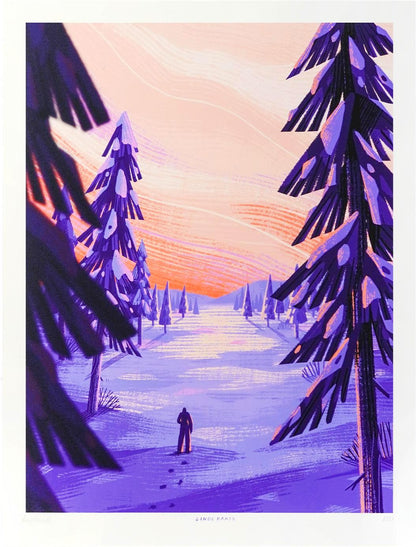 Art print titled Lapland by Belgian illustrator Linde Raats, featuring a snowy forest scene at sunset with purple and pink hues – 30 x 40 cm giclée print made in Belgium.