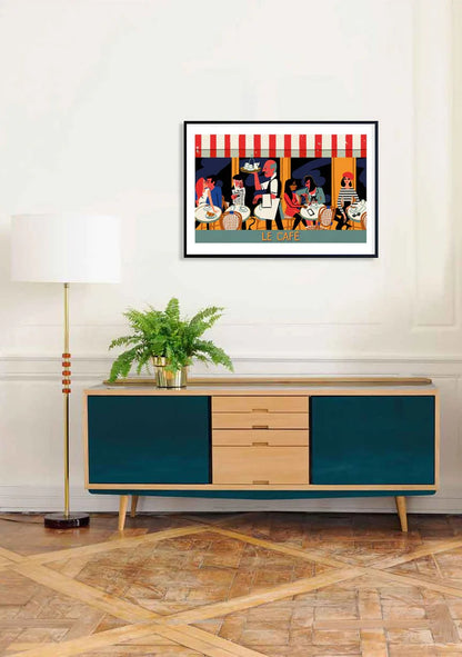 Vintage-style Paris café illustration art print titled "Le Café" by Paul Thurlby, featuring colorful characters, a striped awning, and outdoor tables in a 50x70 cm fine art format.