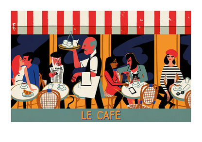 Vintage-style Paris café illustration art print titled "Le Café" by Paul Thurlby, featuring colorful characters, a striped awning, and outdoor tables in a 50x70 cm fine art format.