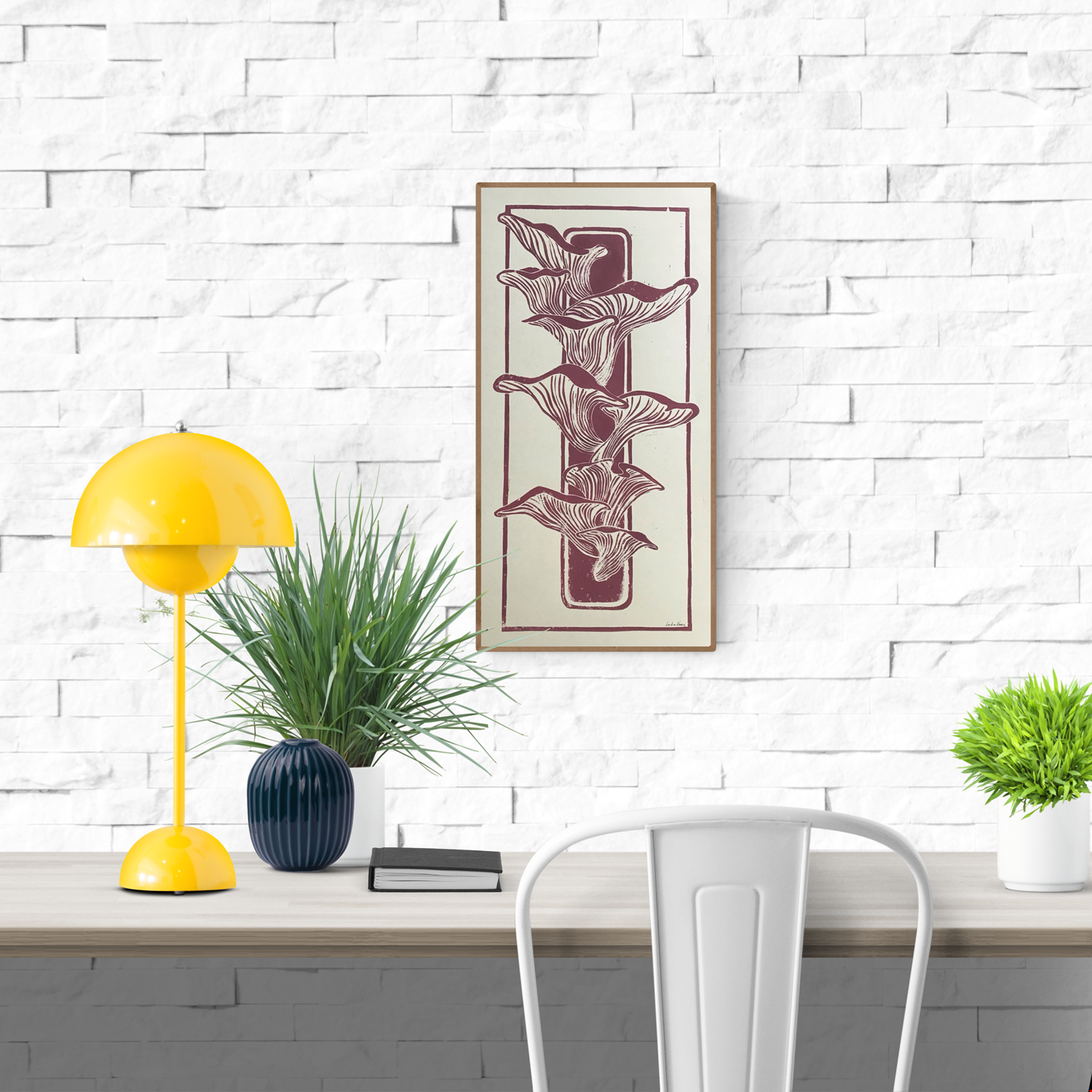 Handmade linocut print by Belgian artist Leda Vaes featuring flowing mushrooms growing on a piece of wood, carved in warm earthy tones, vertical composition, botanical natural art, minimalist organic wall decor, 25×50 cm linocut print.
