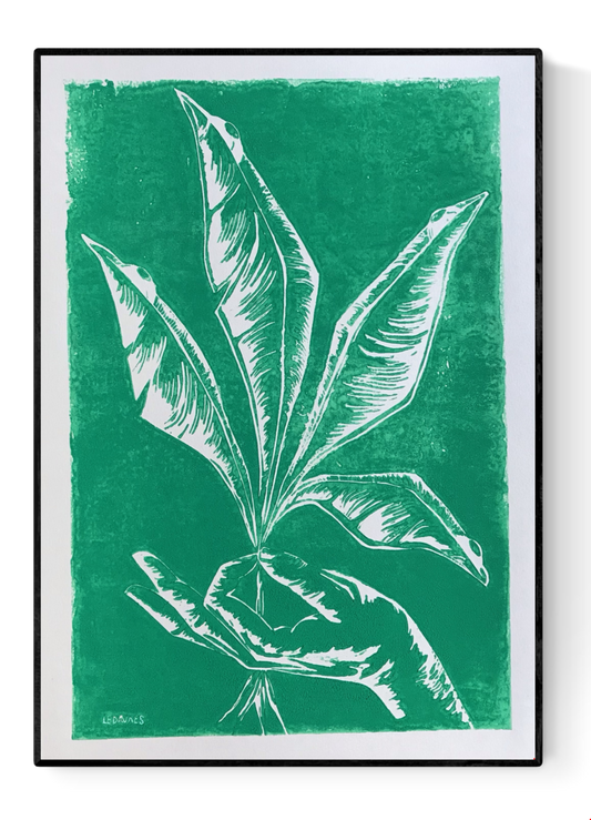 Handmade green linocut by Belgian artist Leda Vaes showing a hand gently holding tall, elongated plant leaves, carved in crisp white lines with a natural, minimalist, botanical aesthetic; nature-inspired art print for modern home décor.