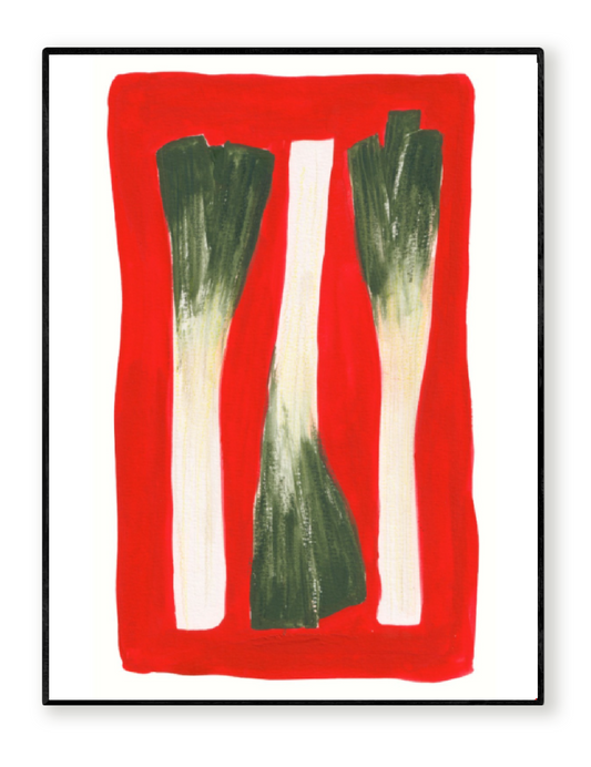 Minimalist vegetable art print "Leek" by Kim Timmermans, featuring three painterly green and white leeks framed by a vivid red background. Large contemporary food illustration perfect for kitchen or dining room wall decor.
