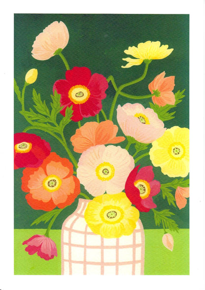 “Poppies” by Leens – vibrant A4 botanical art print featuring red, pink, yellow, and orange poppies in a checkered white vase on a green background, illustrated in a bright and playful modern style.