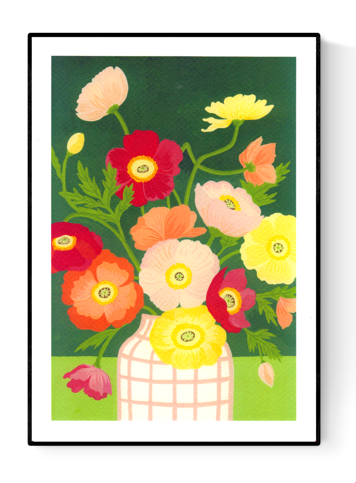 “Poppies” by Leens – vibrant A4 botanical art print featuring red, pink, yellow, and orange poppies in a checkered white vase on a green background, illustrated in a bright and playful modern style.