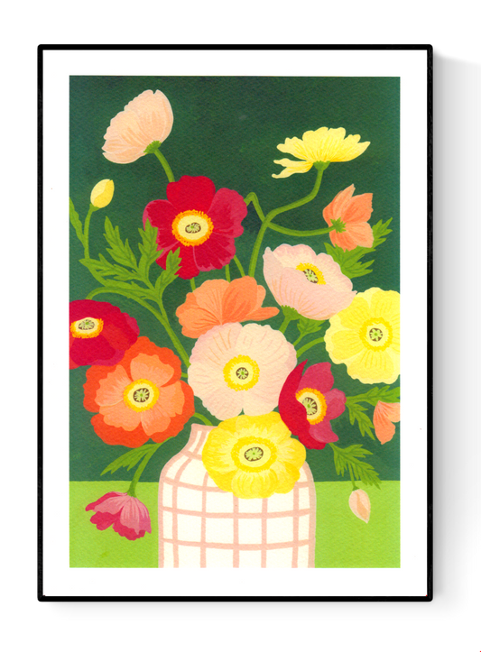 “Poppies” by Leens – vibrant A4 botanical art print featuring red, pink, yellow, and orange poppies in a checkered white vase on a green background, illustrated in a bright and playful modern style.