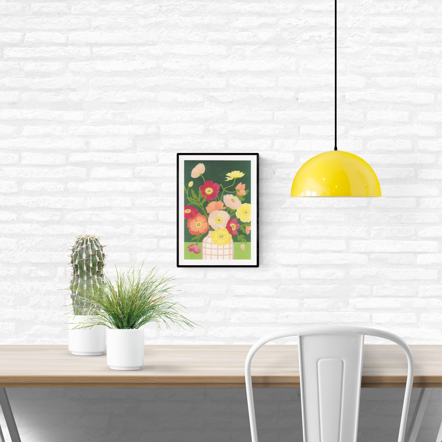 “Poppies” by Leens – vibrant A4 botanical art print featuring red, pink, yellow, and orange poppies in a checkered white vase on a green background, illustrated in a bright and playful modern style.