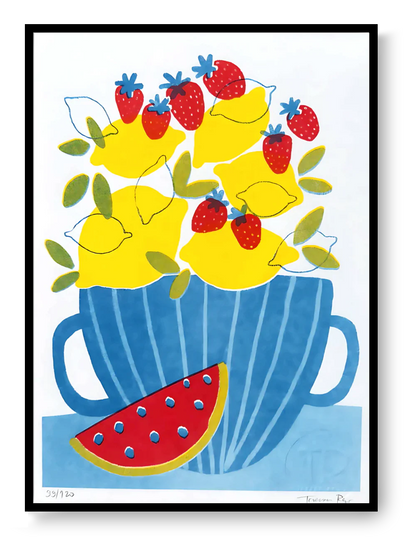 Teresa Rego Lemonade A5 risograph art print with bold yellow lemons, red strawberries and watermelon in blue cup, colorful contemporary kitchen wall art