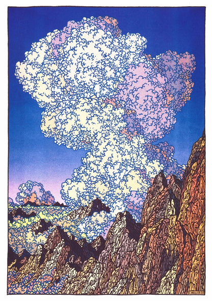 Les Dents Du Midi by Clément Vuillier, vertical risograph art print showing jagged alpine mountains beneath enormous cream and pink clouds against a deep blue sky, bold wall art for modern interiors.