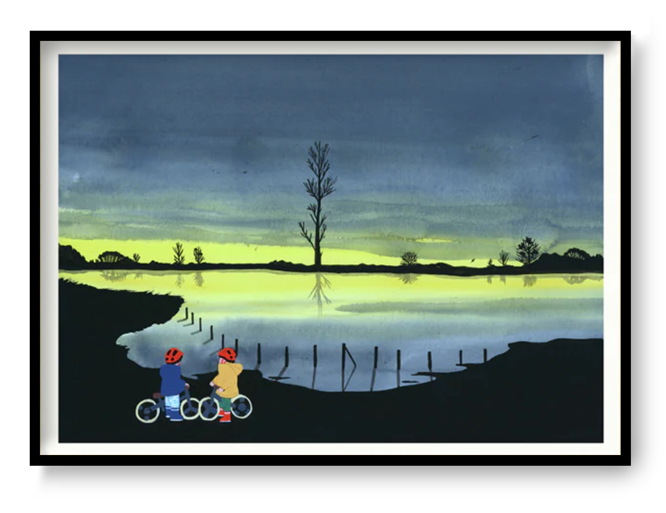 Limited edition risograph art print “Les Deux Vélos” by Margaux Othats featuring two children on bicycles near a reflective lake at dusk, poetic contemporary wall art in A3 format, minimalist nostalgic illustration for modern home decor.