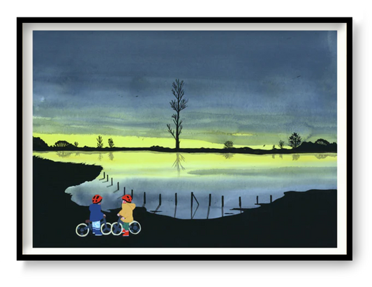 Limited edition risograph art print “Les Deux Vélos” by Margaux Othats featuring two children on bicycles near a reflective lake at dusk, poetic contemporary wall art in A3 format, minimalist nostalgic illustration for modern home decor.