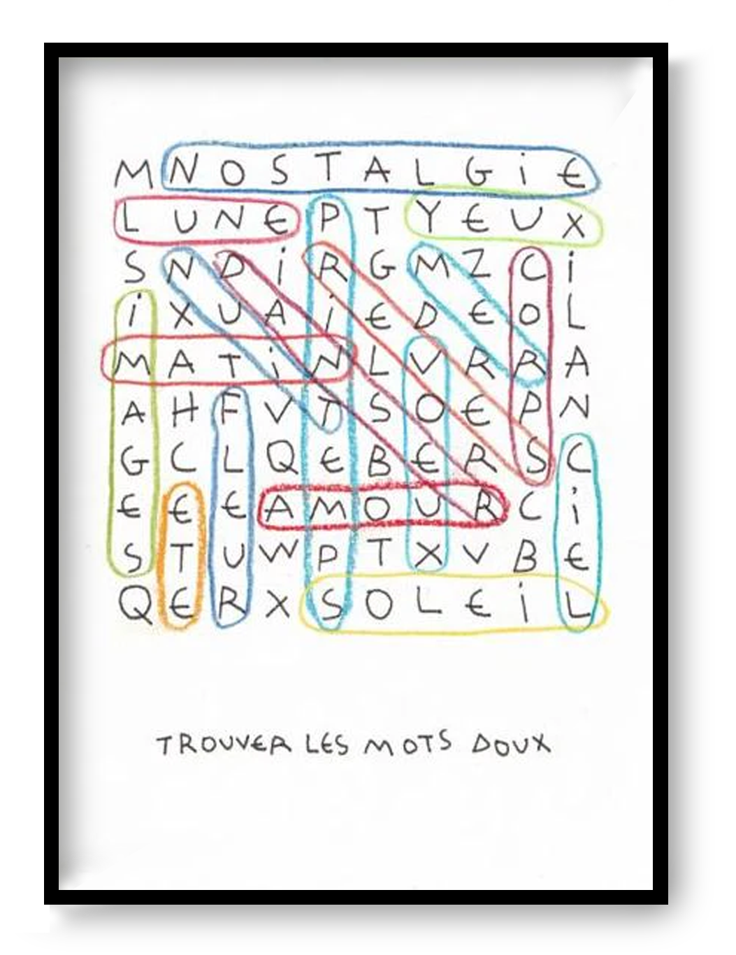 A3 3-color risograph art print titled “Les mots doux” by Paul Lecat featuring a poetic word search grid with handwritten typography, circled French words like amour, soleil, nostalgie and lune, minimalist contemporary wall art print.