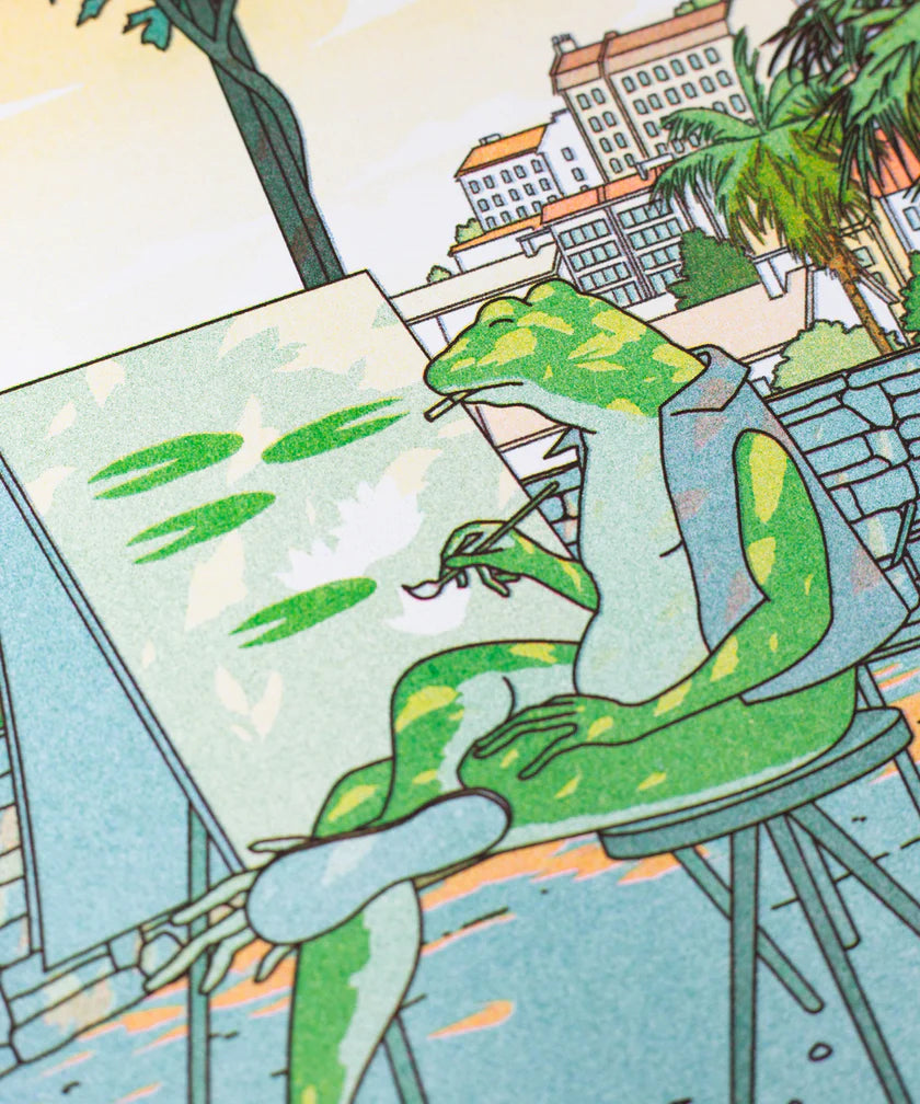Risograph art print by Liam Cobb featuring a frog artist painting outdoors under leafy trees at sunset, with a glass of wine and city view in the background. Surreal, colorful, and contemplative illustration combining humor, nature, and modern design — perfect for art lovers and collectors in Belgium, the Netherlands, France, and Germany.