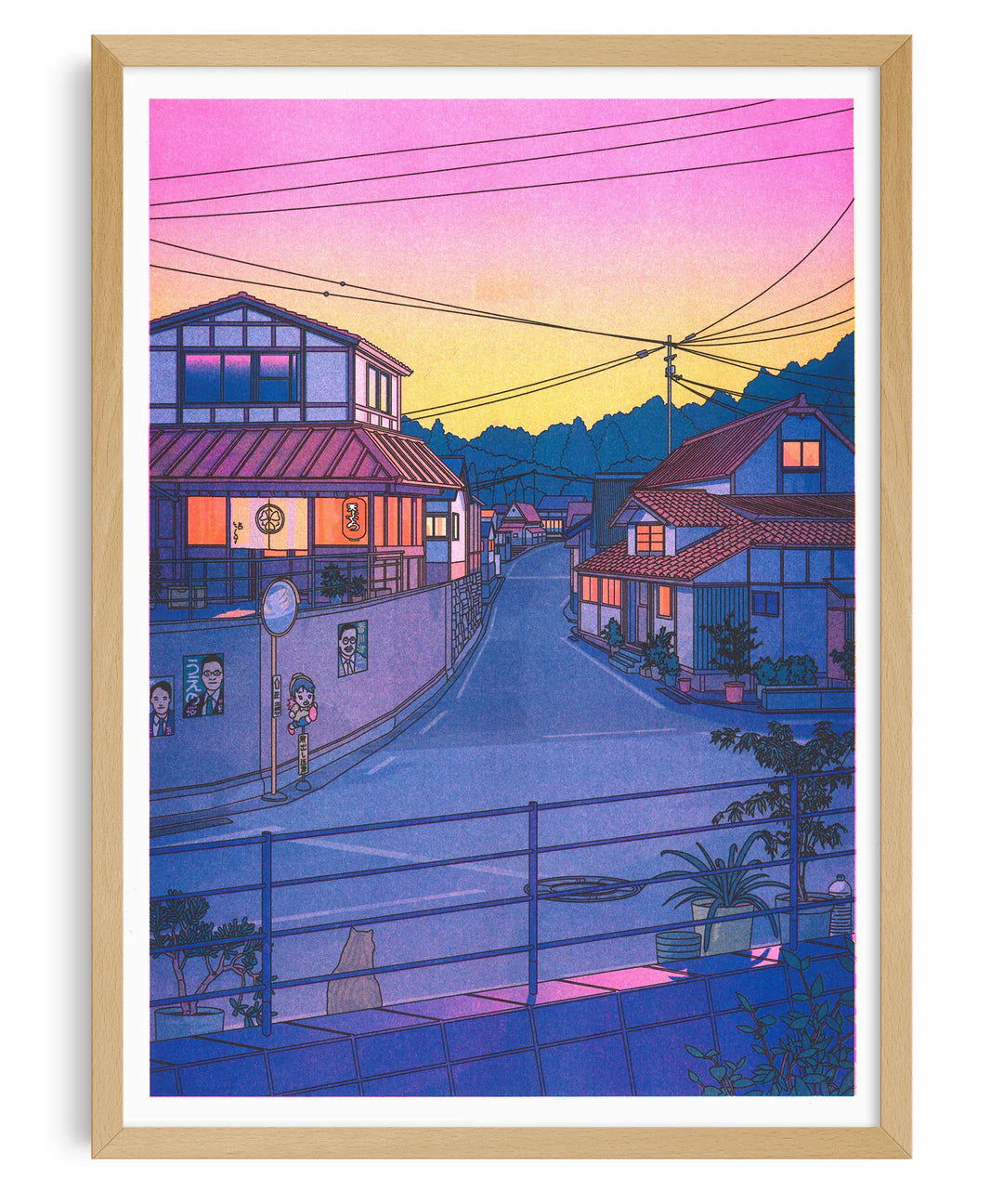 “Nowhere in Japan” risograph print by Liam Cobb – A3 art print showing a calm Japanese suburban street at sunset with pink, purple, and yellow hues, power lines above, and a cat in the foreground. Retro-inspired color palette, cinematic light, and detailed linework create a nostalgic and poetic atmosphere. Perfect for lovers of Japanese urban scenery and modern illustration.