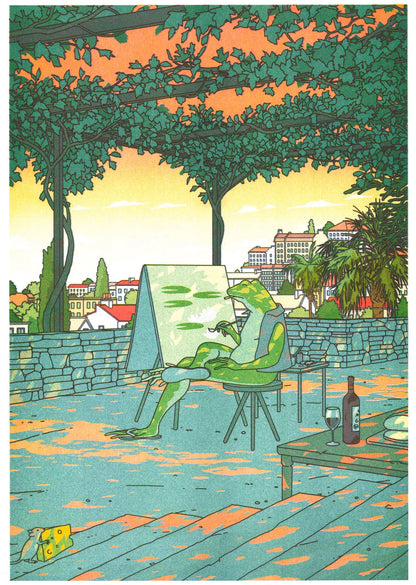 Risograph art print by Liam Cobb featuring a frog artist painting outdoors under leafy trees at sunset, with a glass of wine and city view in the background. Surreal, colorful, and contemplative illustration combining humor, nature, and modern design — perfect for art lovers and collectors in Belgium, the Netherlands, France, and Germany.