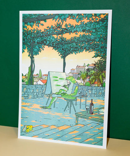 Risograph art print by Liam Cobb featuring a frog artist painting outdoors under leafy trees at sunset, with a glass of wine and city view in the background. Surreal, colorful, and contemplative illustration combining humor, nature, and modern design — perfect for art lovers and collectors in Belgium, the Netherlands, France, and Germany.