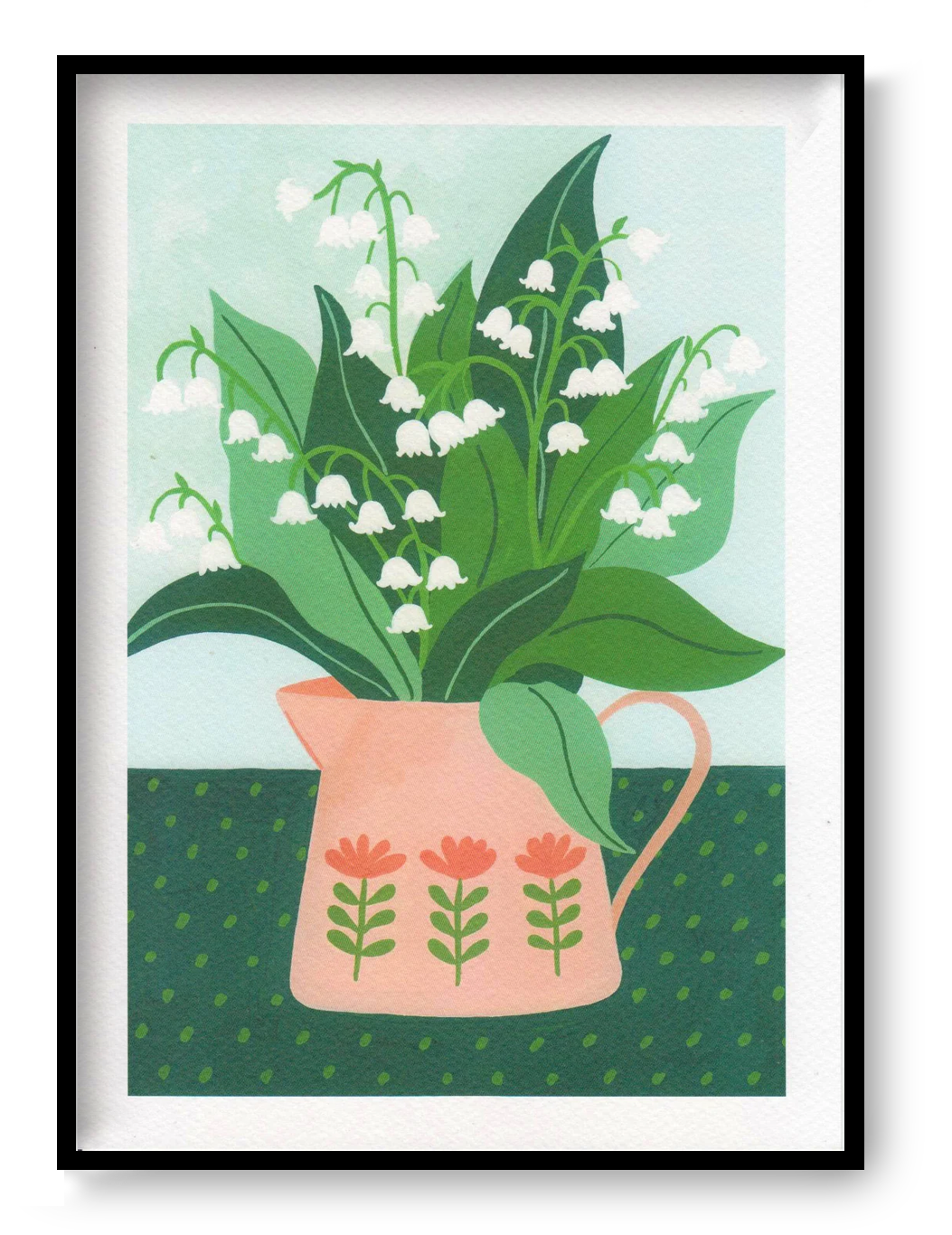Lily of the Valley art print by Leens, A4 botanical floral illustration featuring white bell flowers in a peach vase, modern green background, Scandinavian style wall art decor.