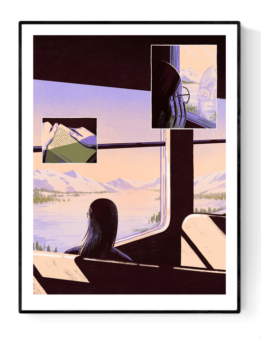 Giclée art print by Belgian illustrator Linde Raats showing a woman on a train gazing out at snowy Arctic mountains, with warm pastel hues and atmospheric light – 30x40 cm fine art print perfect for winter lovers and dreamy interiors