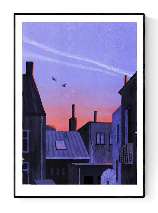 Fine art giclée print titled Ghent by Belgian illustrator Linde Raats, depicting peaceful city rooftops at sunset in shades of purple and orange, minimalist urban landscape wall art inspired by Ghent, Belgium — perfect for home décor and art collectors.