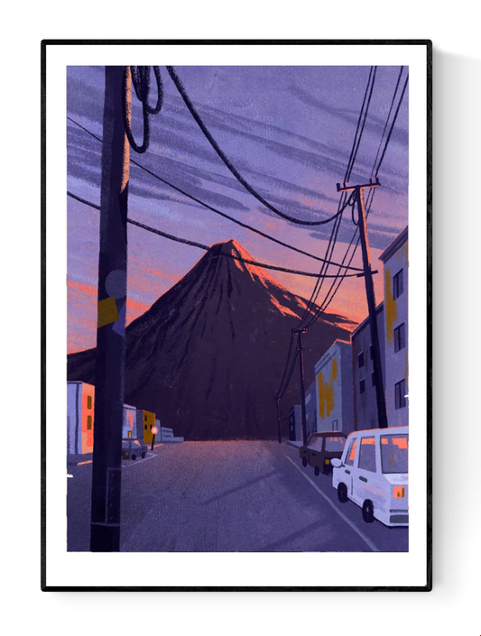 Illustration by Linde Raats showing Mt Pico volcano towering behind a quiet urban street at sunset, with deep purples, soft orange hues, and power lines cutting through the scene – 21x29.7 cm giclée print perfect for dramatic modern interiors