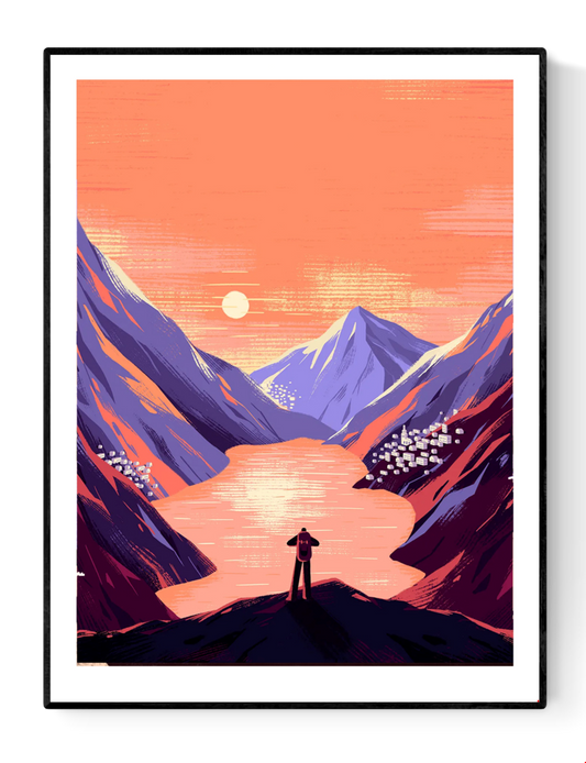 Minimalist mountain landscape art print — hiker with backpack overlooking a glowing orange lake between dramatic purple peaks at sunset, modern travel-inspired wall decor by illustrator Linde Raats