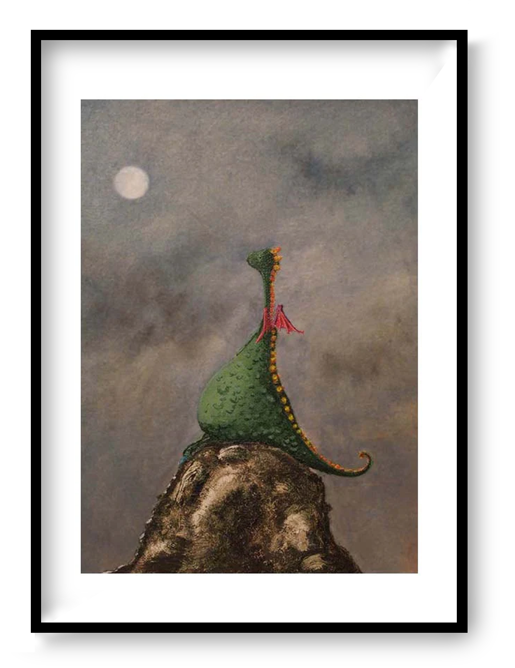 Little Dragon by Willy Leung, A4 giclée art print on 300g Hahnemühle Photo Rag, whimsical dragon illustration under a moonlit sky, dreamy fantasy wall art for modern home decor, poetic storytelling artwork