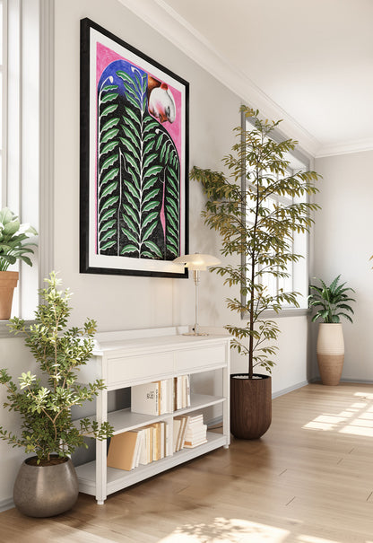 Love Grows by Carla Petelski, contemporary digital art print featuring a surreal human figure covered in green botanical leaves against a vivid pink background, expressive symbolic wall art for modern interiors