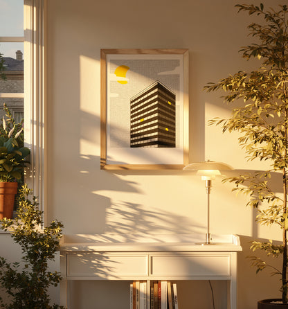 Night View by Studio Stoutpoep featuring a modern black high-rise building with illuminated yellow windows beneath a bright moon, created as a risograph print with graphic architecture, monochrome tones, and contemporary urban wall art appeal.
