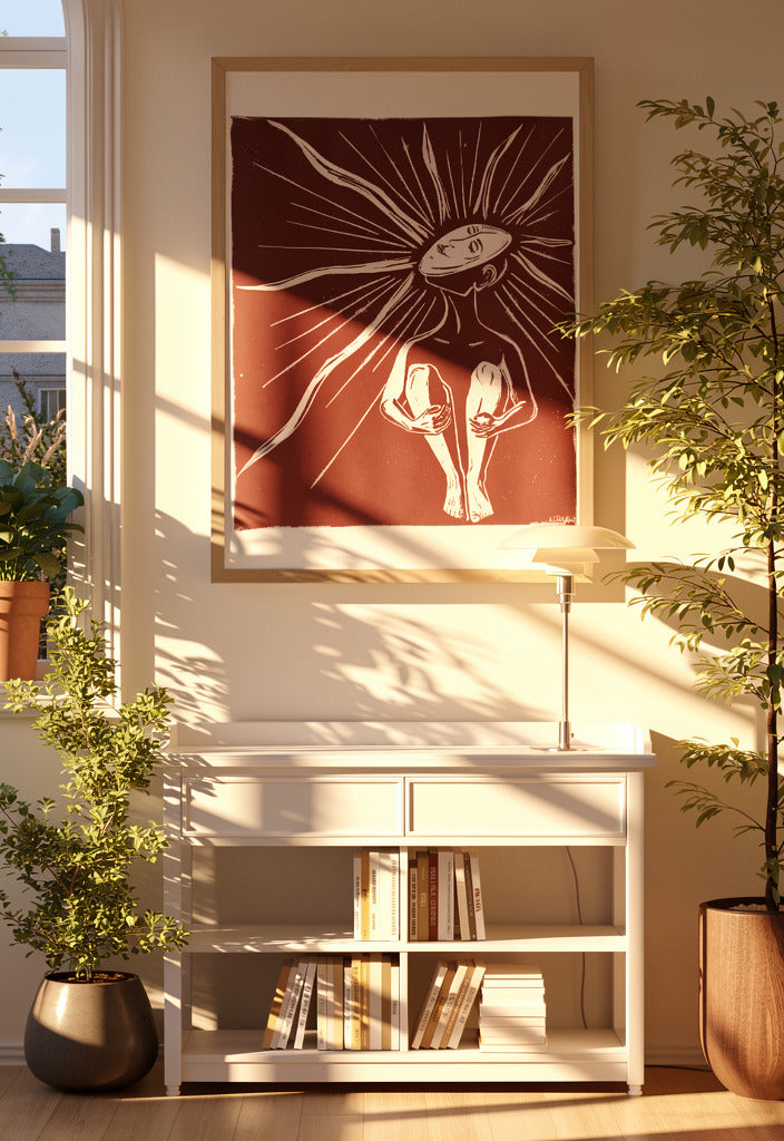 Zonnekind by Leda Vaes, large handmade brown and white linocut print featuring a seated human figure with radiant abstract sun rays extending from the head, expressive contemporary wall art on handmade paper